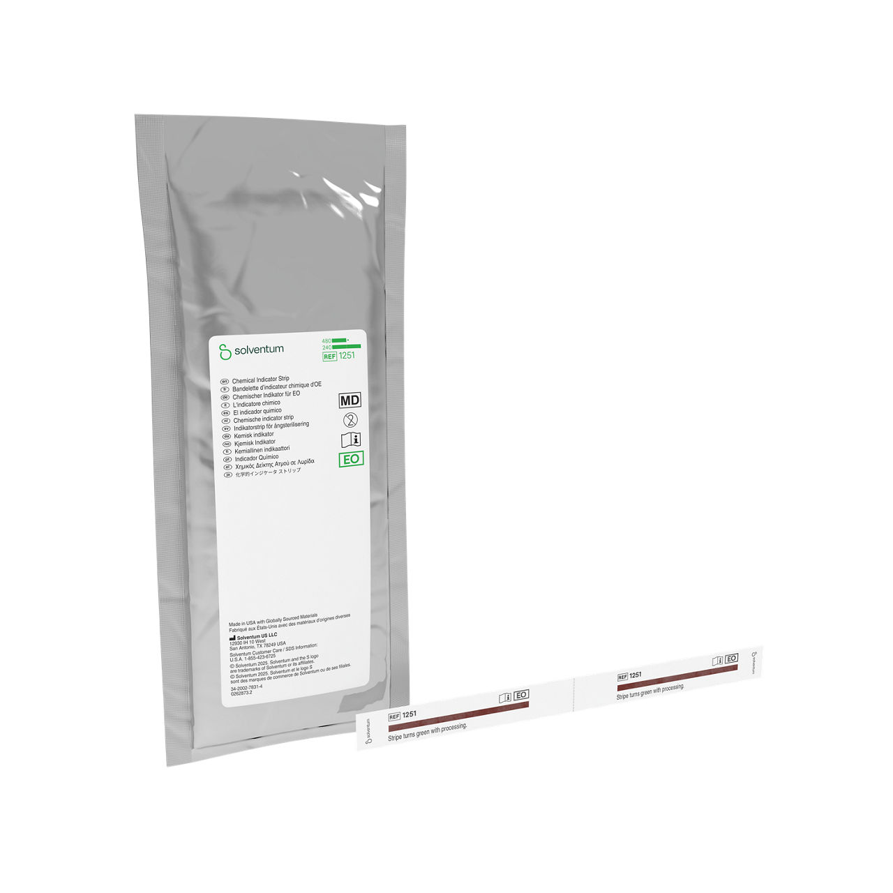 Solventum™ Ethylene Oxide Chemical Indicator Strip, 1251, 5/8 in x 8 in (1.5 cm x 20 cm), 240/CAR, 1 CAR/CS, 240/CS - Front, Left, In Packaging (1L1)