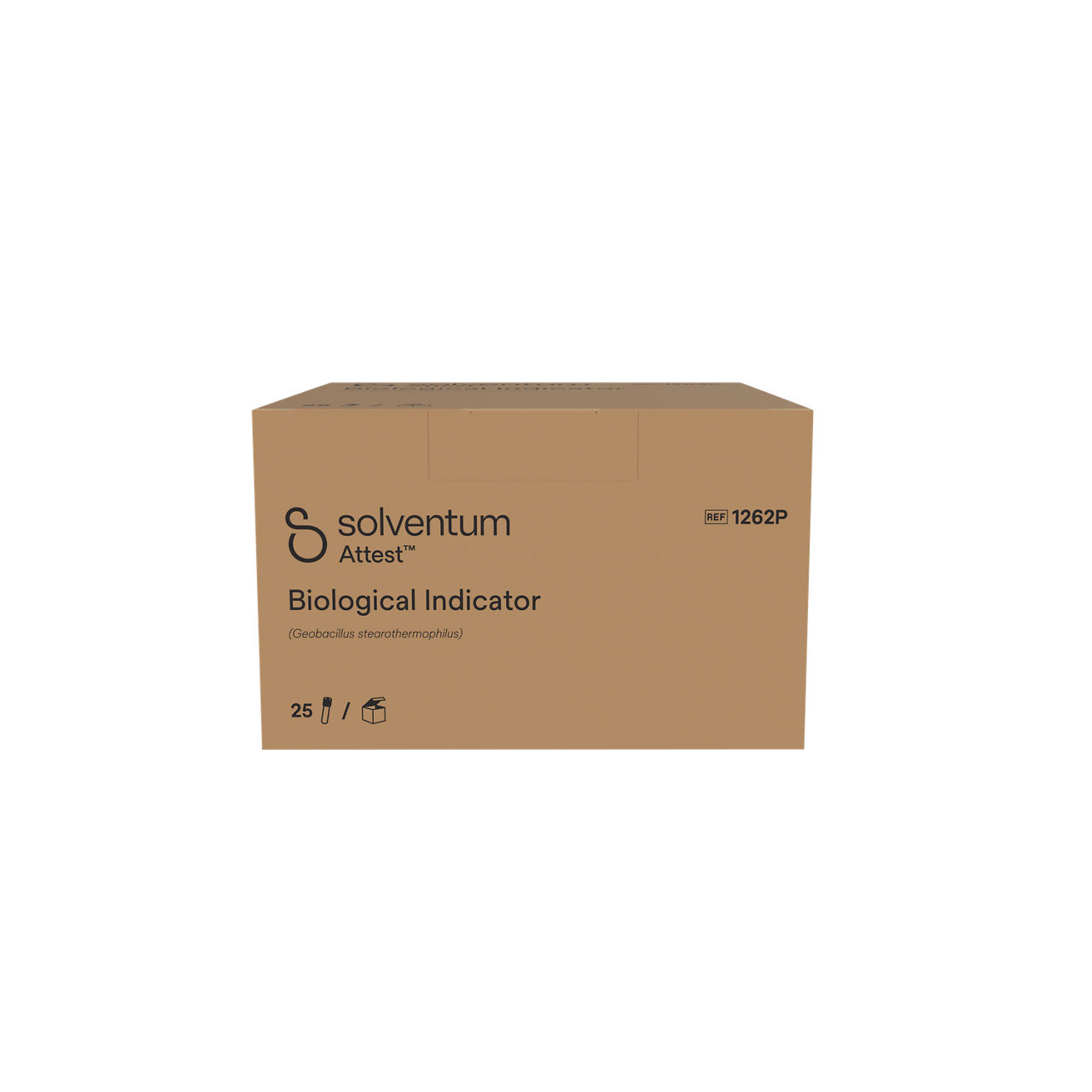 Solventum™ Attest™ Steam Biological Indicator, 1262P, Brown Cap, 48 hr, 25/CAR, 4 CAR/CS, 100/CS - Front, Center, In Packaging (1C1)