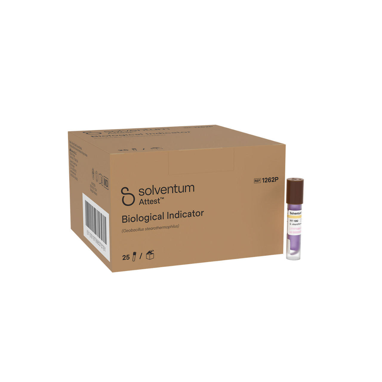 Solventum™ Attest™ Steam Biological Indicator, 1262P, Brown Cap, 48 hr, 25/CAR, 4 CAR/CS, 100/CS - Front, Left, In Packaging (1L1)