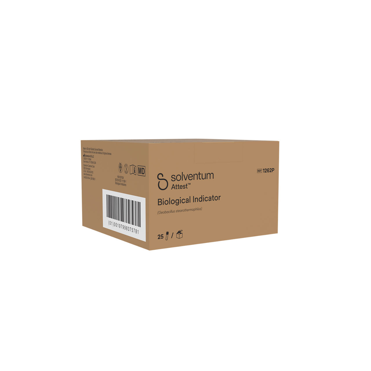 Solventum™ Attest™ Steam Biological Indicator, 1262P, Brown Cap, 48 hr, 25/CAR, 4 CAR/CS, 100/CS - Front, Left, In Packaging (1L1)