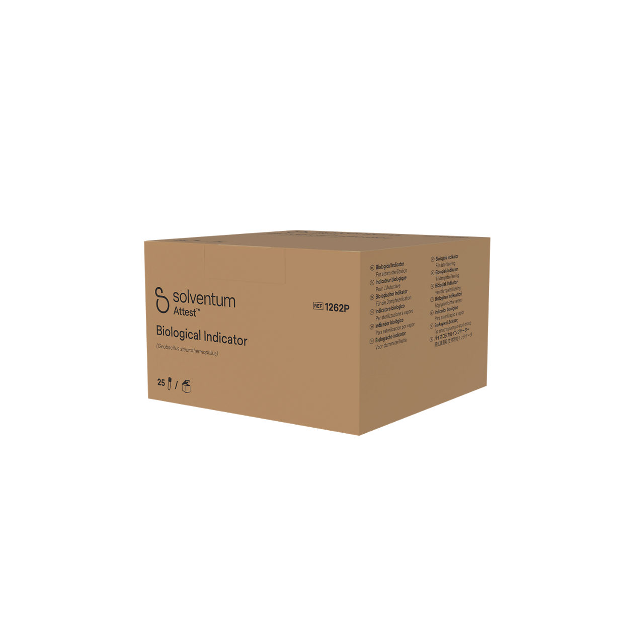 Solventum™ Attest™ Steam Biological Indicator, 1262P, Brown Cap, 48 hr, 25/CAR, 4 CAR/CS, 100/CS - Front, Right, In Packaging (1R1)
