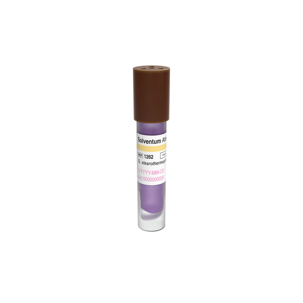 Solventum™ Attest™ Steam Biological Indicator, 1262, Brown Cap, 48 hr, 100/CAR, 4 CAR/CS, 400/CS - Front, Center, Out of Packaging (1C0)