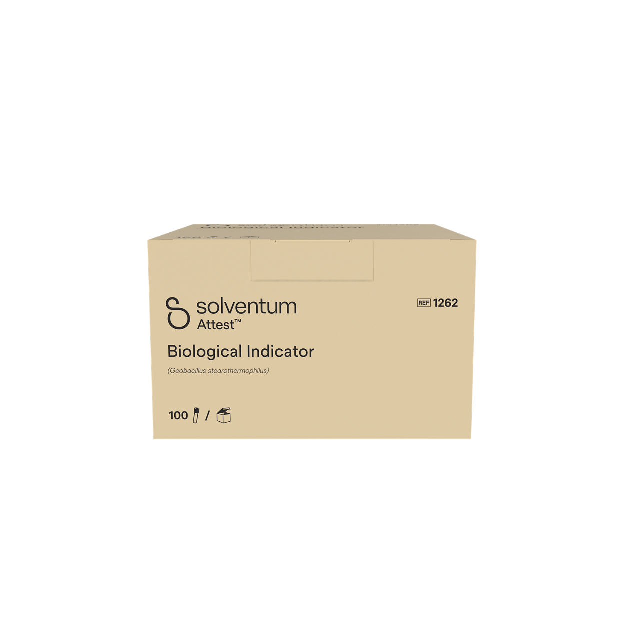 Solventum™ Attest™ Steam Biological Indicator, 1262, Brown Cap, 48 hr, 100/CAR, 4 CAR/CS, 400/CS - Front, Center, In Packaging (1C1)