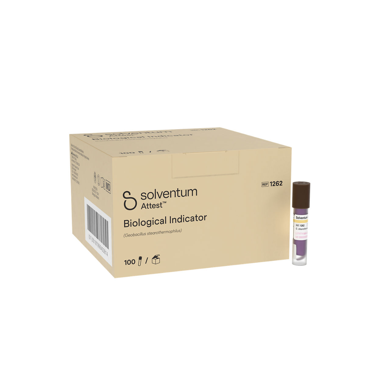 Solventum™ Attest™ Steam Biological Indicator, 1262, Brown Cap, 48 hr, 100/CAR, 4 CAR/CS, 400/CS - Front, Left, In and Out of Packaging (1L10)