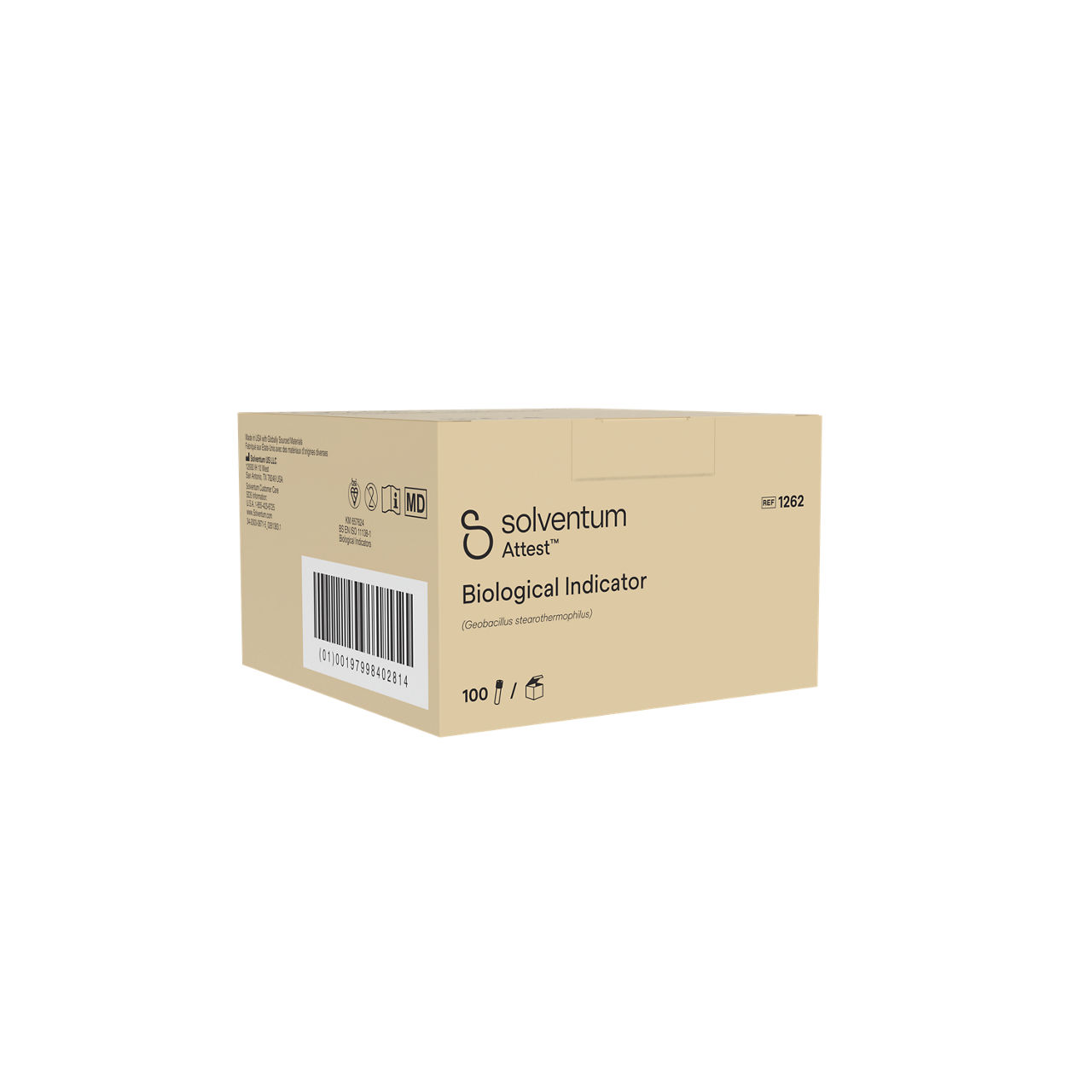 Solventum™ Attest™ Steam Biological Indicator, 1262, Brown Cap, 48 hr, 100/CAR, 4 CAR/CS, 400/CS - Front, Left, In Packaging (1L1)