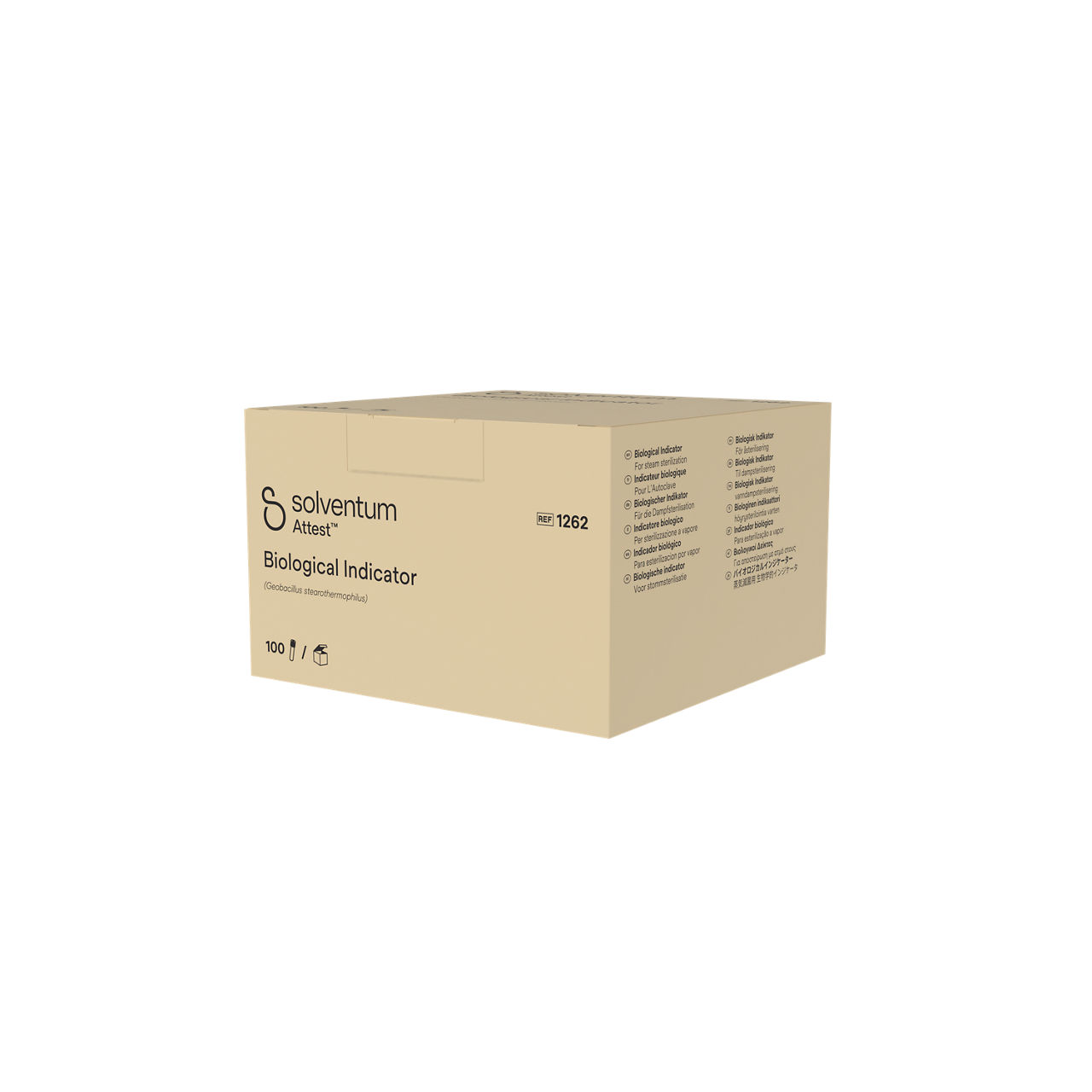 Solventum™ Attest™ Steam Biological Indicator, 1262, Brown Cap, 48 hr, 100/CAR, 4 CAR/CS, 400/CS - Front, Right, In Packaging (1R1)