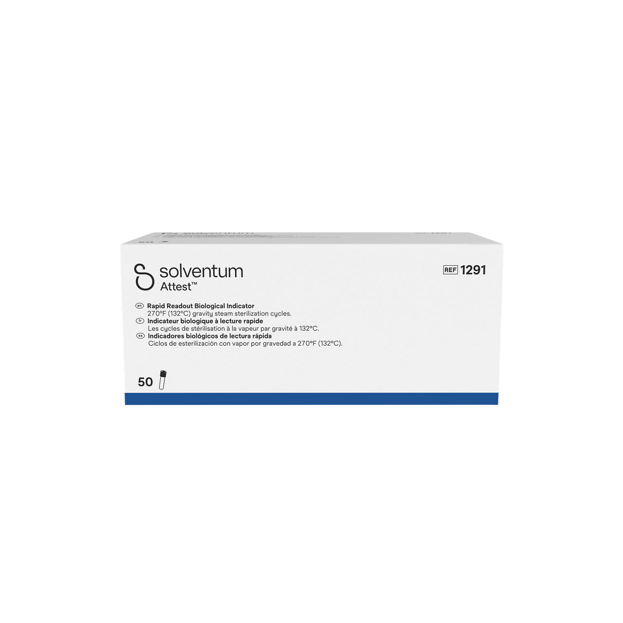 Solventum™ Attest™ Rapid Steam Biological Indicator, 1291, Blue Cap, 1 hr, 50/CAR, 4 CAR/CS, 200/CS - Front, Center, In Packaging (1C1)