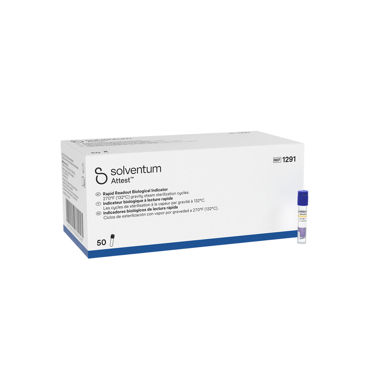 Solventum™ Attest™ Rapid Steam Biological Indicator, 1291, Blue Cap, 1 hr, 50/CAR, 4 CAR/CS, 200/CS - Front, Left, In and Out of Packaging (1L10)