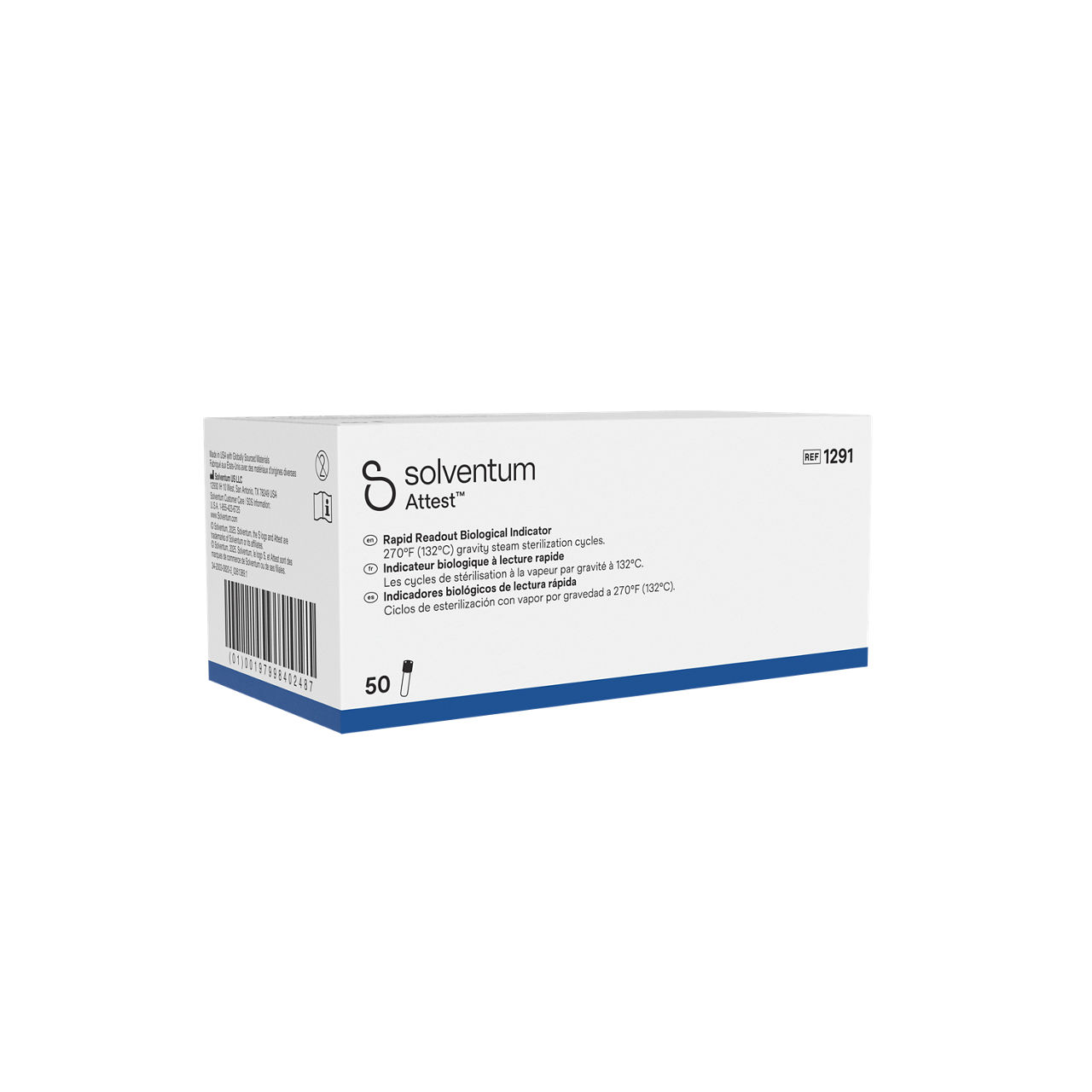 Solventum™ Attest™ Rapid Steam Biological Indicator, 1291, Blue Cap, 1 hr, 50/CAR, 4 CAR/CS, 200/CS - Front, Left, In Packaging (1L1)