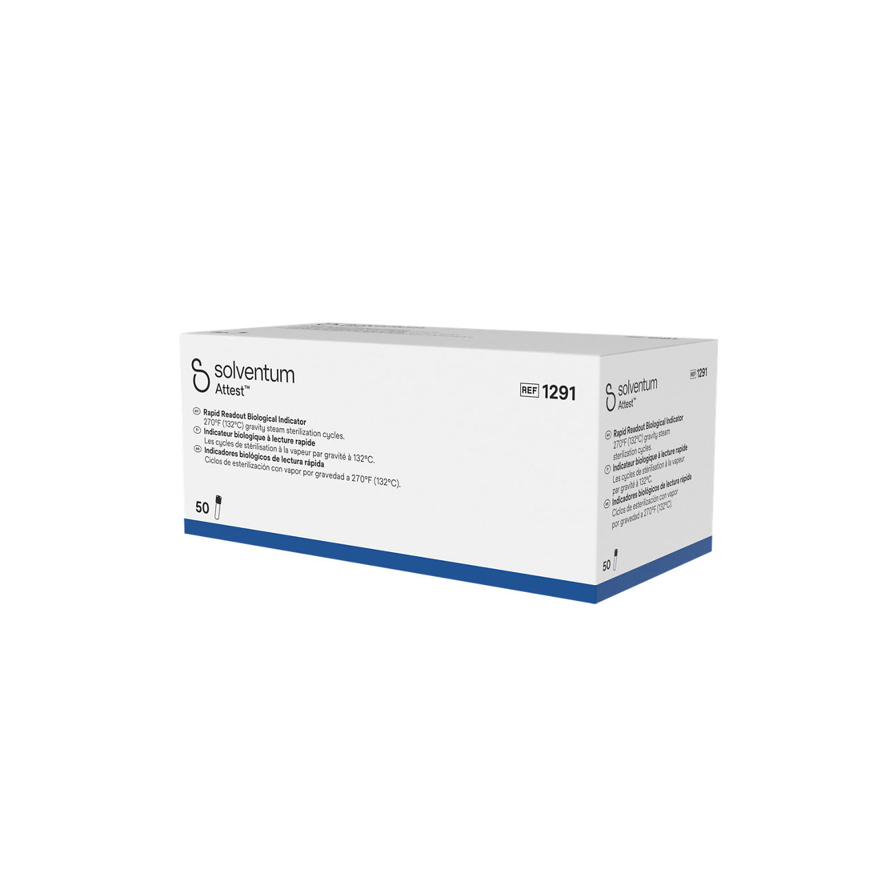 Solventum™ Attest™ Rapid Steam Biological Indicator, 1291, Blue Cap, 1 hr, 50/CAR, 4 CAR/CS, 200/CS - Front, Right, In Packaging (1R1)