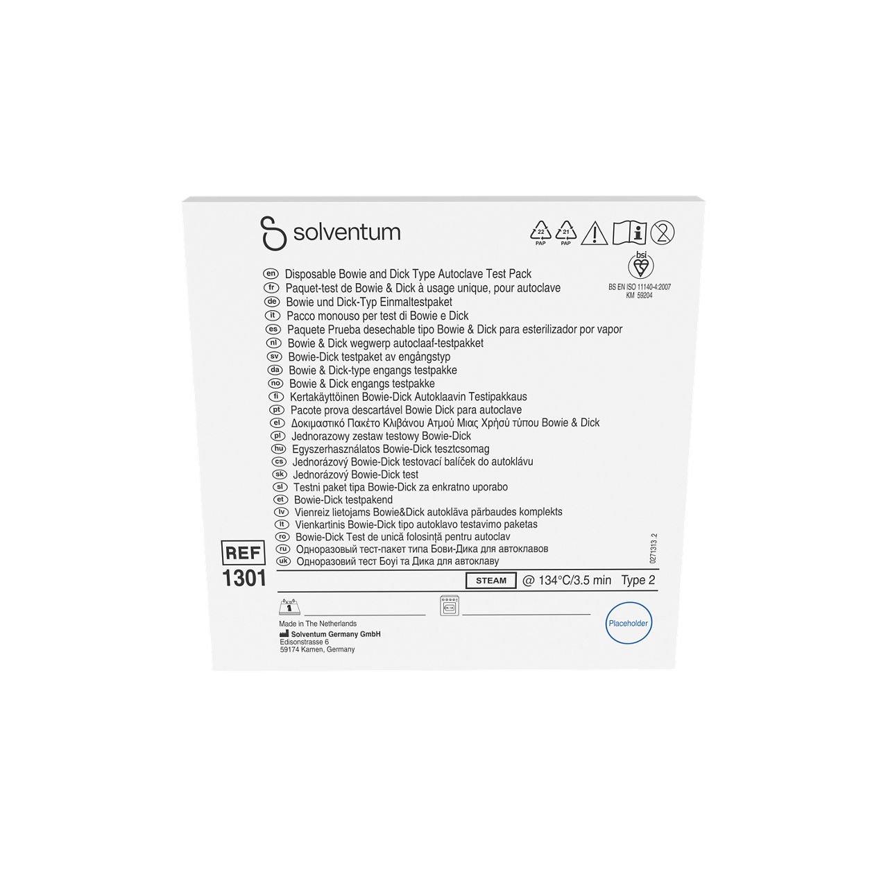 Solventum™ Bowie-Dick Test Pack, 1301, Disposable - Front, Center, In Packaging (1C1)