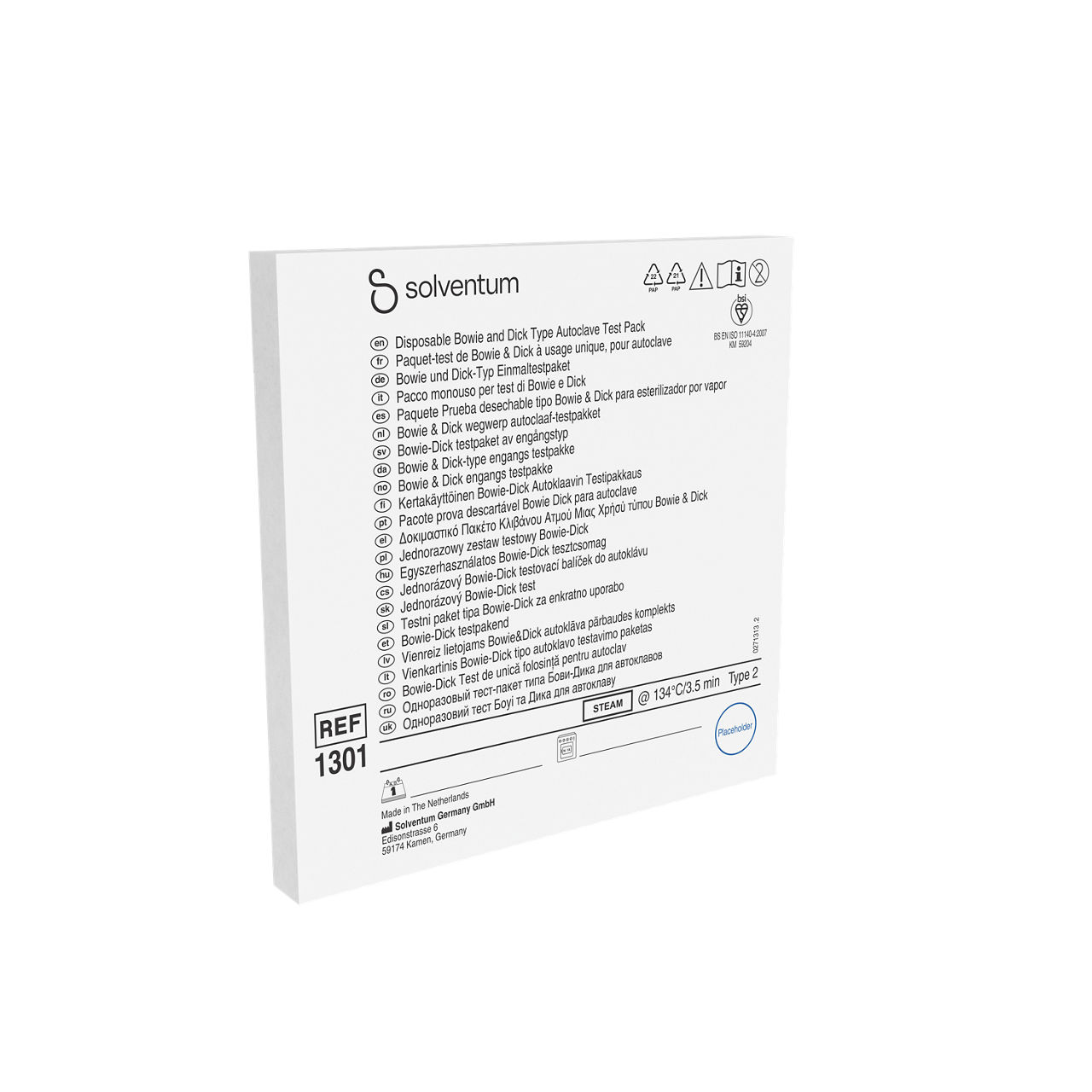 Solventum™ Bowie-Dick Test Pack, 1301, Disposable - Front, Left, In Packaging (1L1)