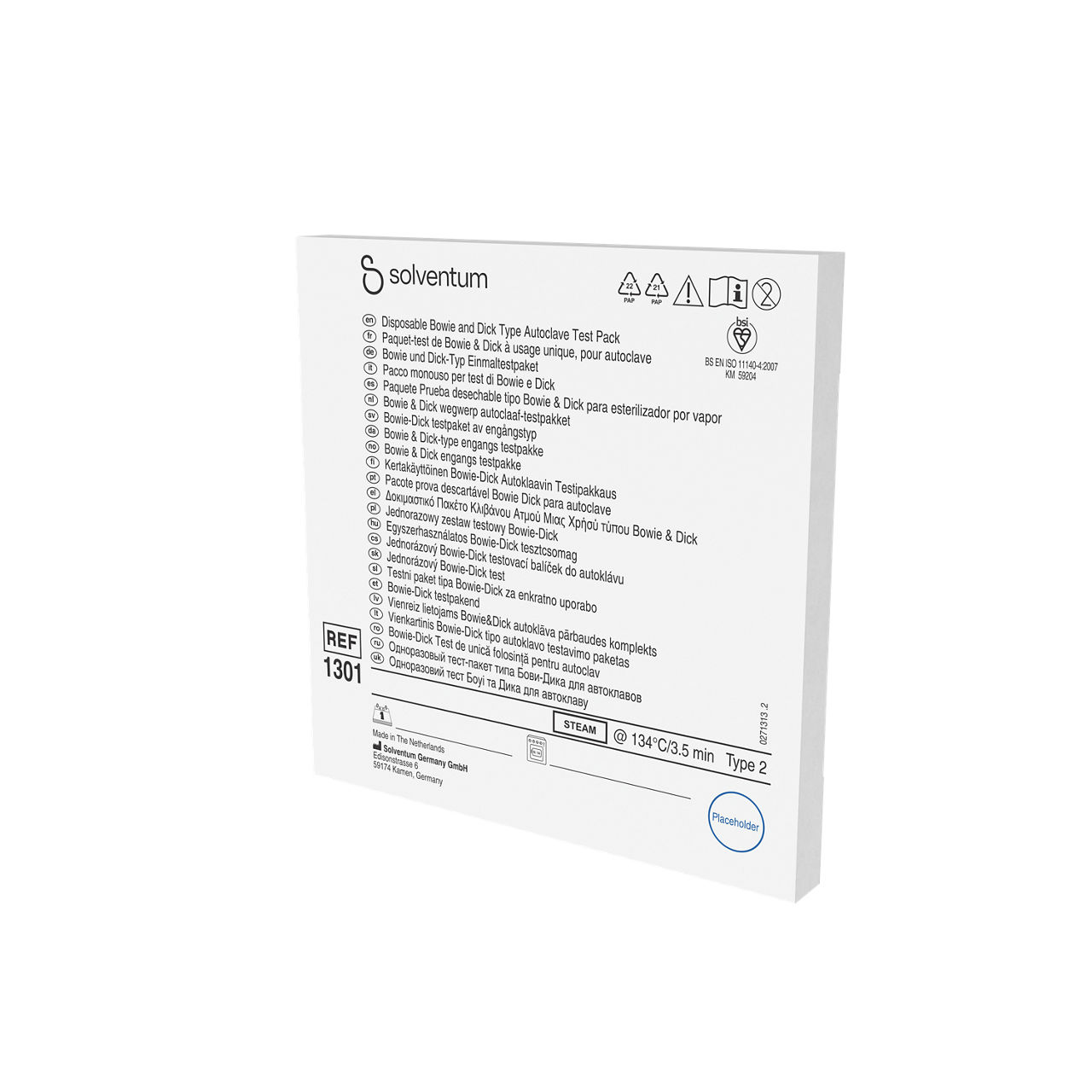 Solventum™ Bowie-Dick Test Pack, 1301, Disposable - Front, Right, In Packaging (1R1)