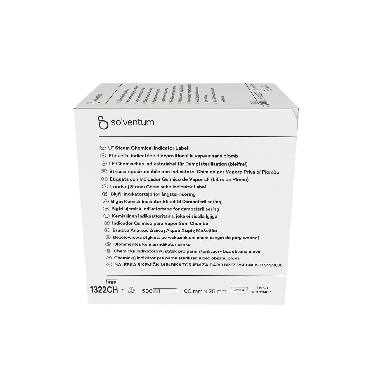 Solventum™ Lead Free Steam Indicator Tape Label, 1322CH - Front, Center, In Packaging (1C1)