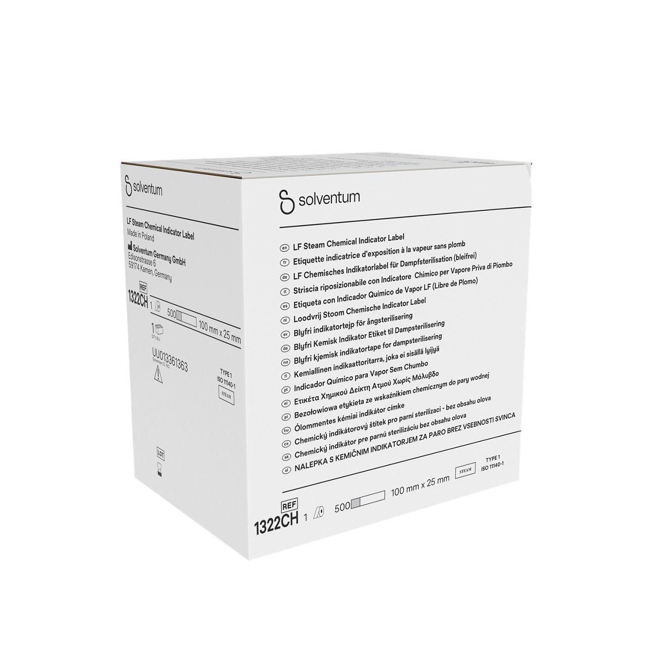 Solventum™ Lead Free Steam Indicator Tape Label, 1322CH - Front, Left, In Packaging (1L1)