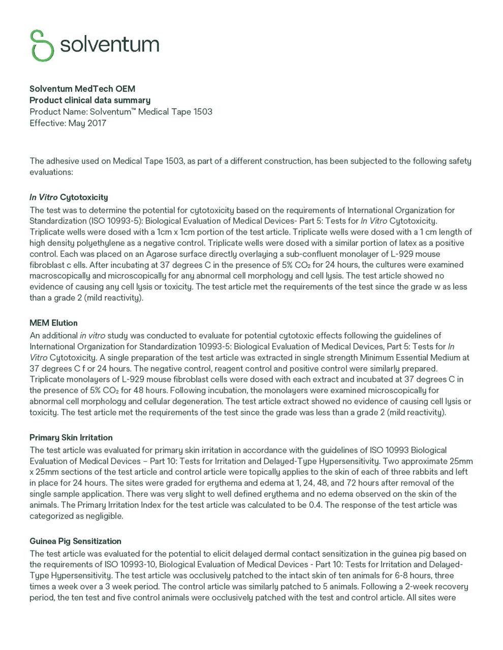Solventum™ Medical Tape 1503, Product clinical data summary