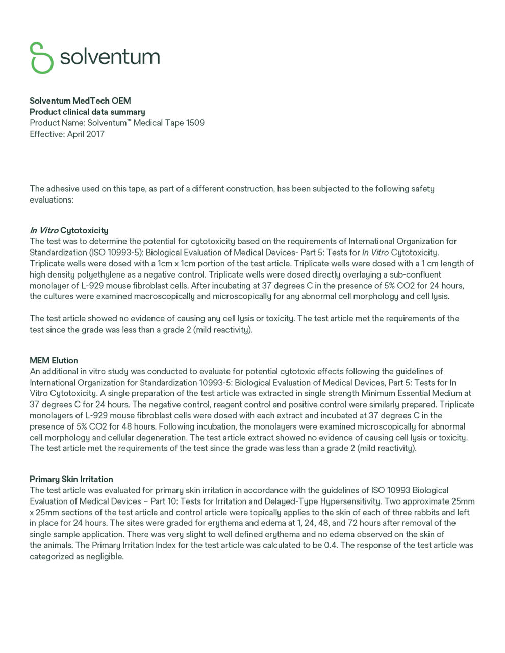 Solventum™ Medical Tape 1509, Clinical Data Summary