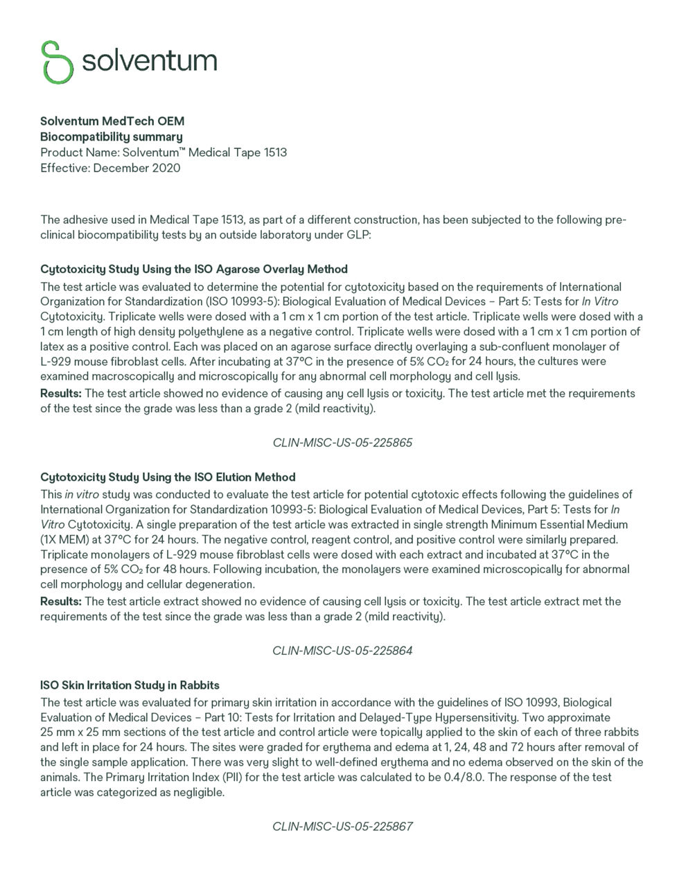 Solventum™ Medical Tape 1513, Biocompatibility summary