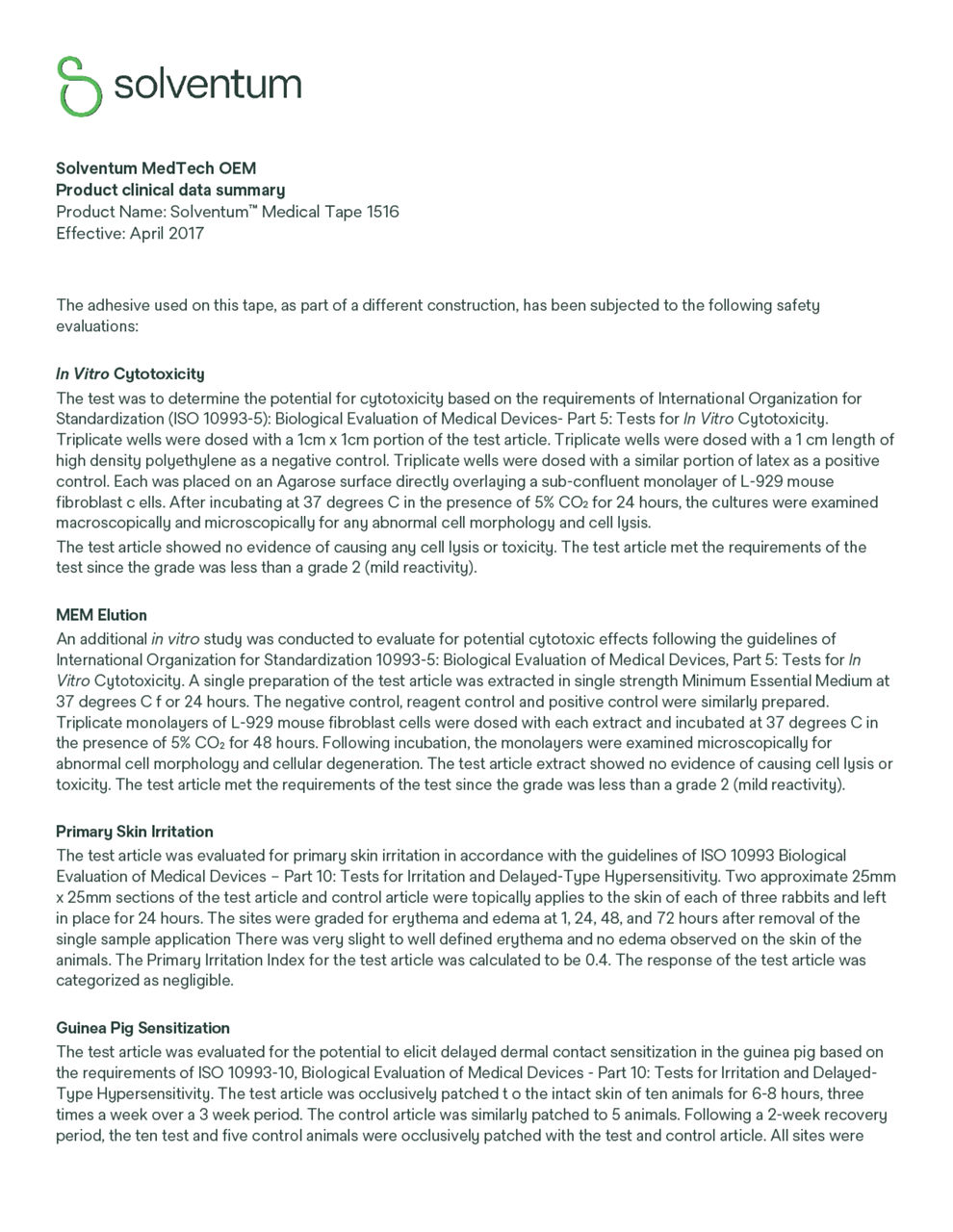 Solventum™ Medical Tape 1516, Product clinical data summary