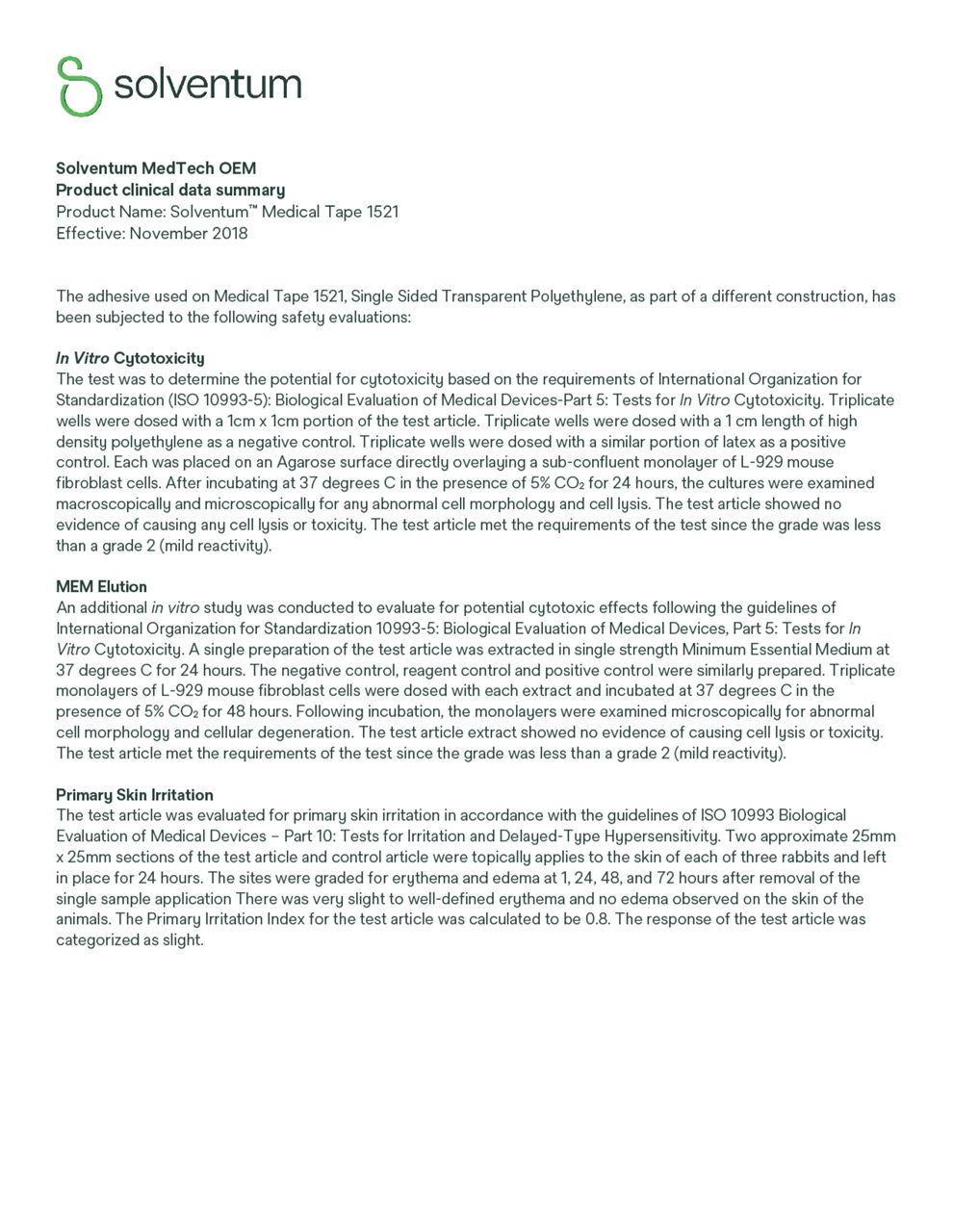 Solventum™ Medical Tape 1521, Clinical Data Summary