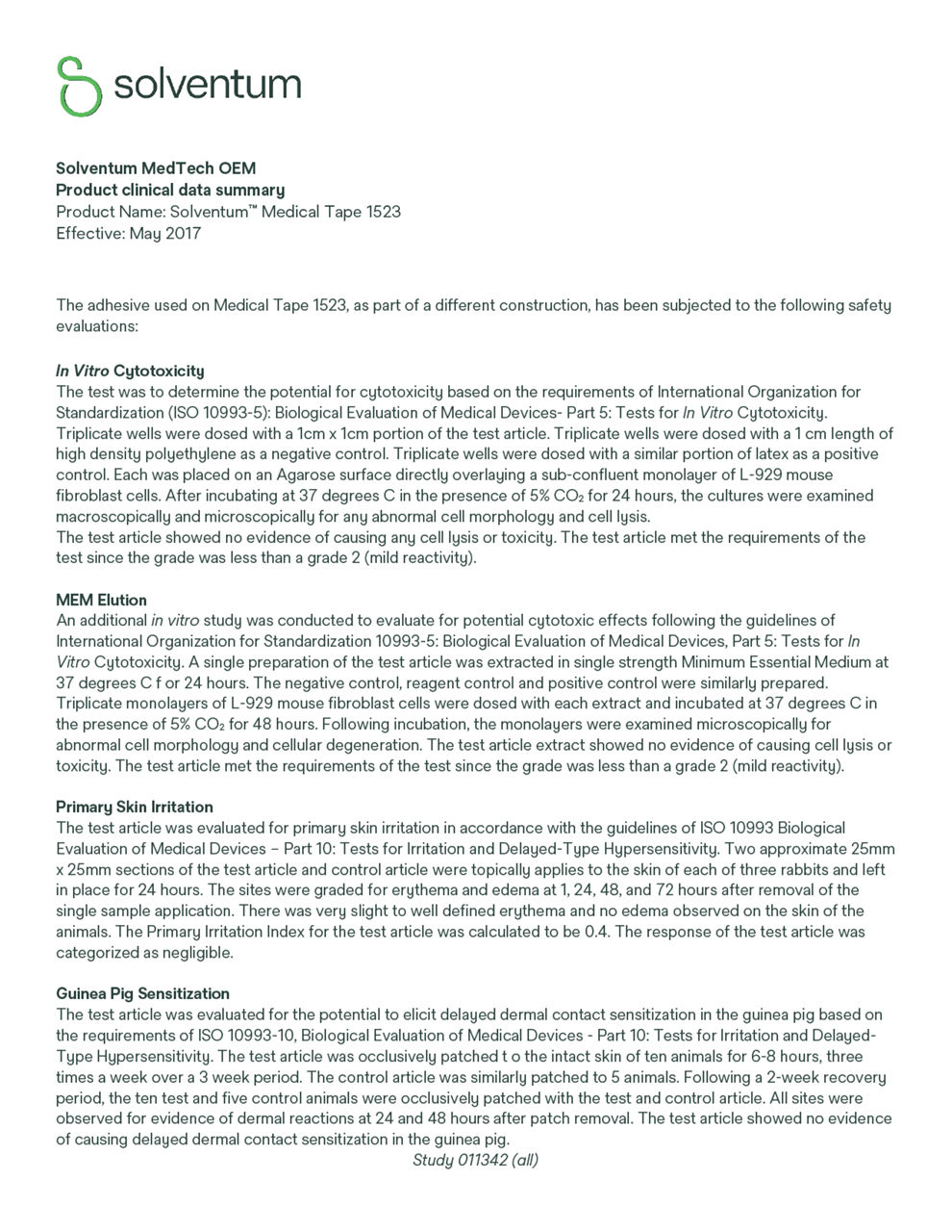 Solventum™ Medical Tape 1523, Product clinical data summary