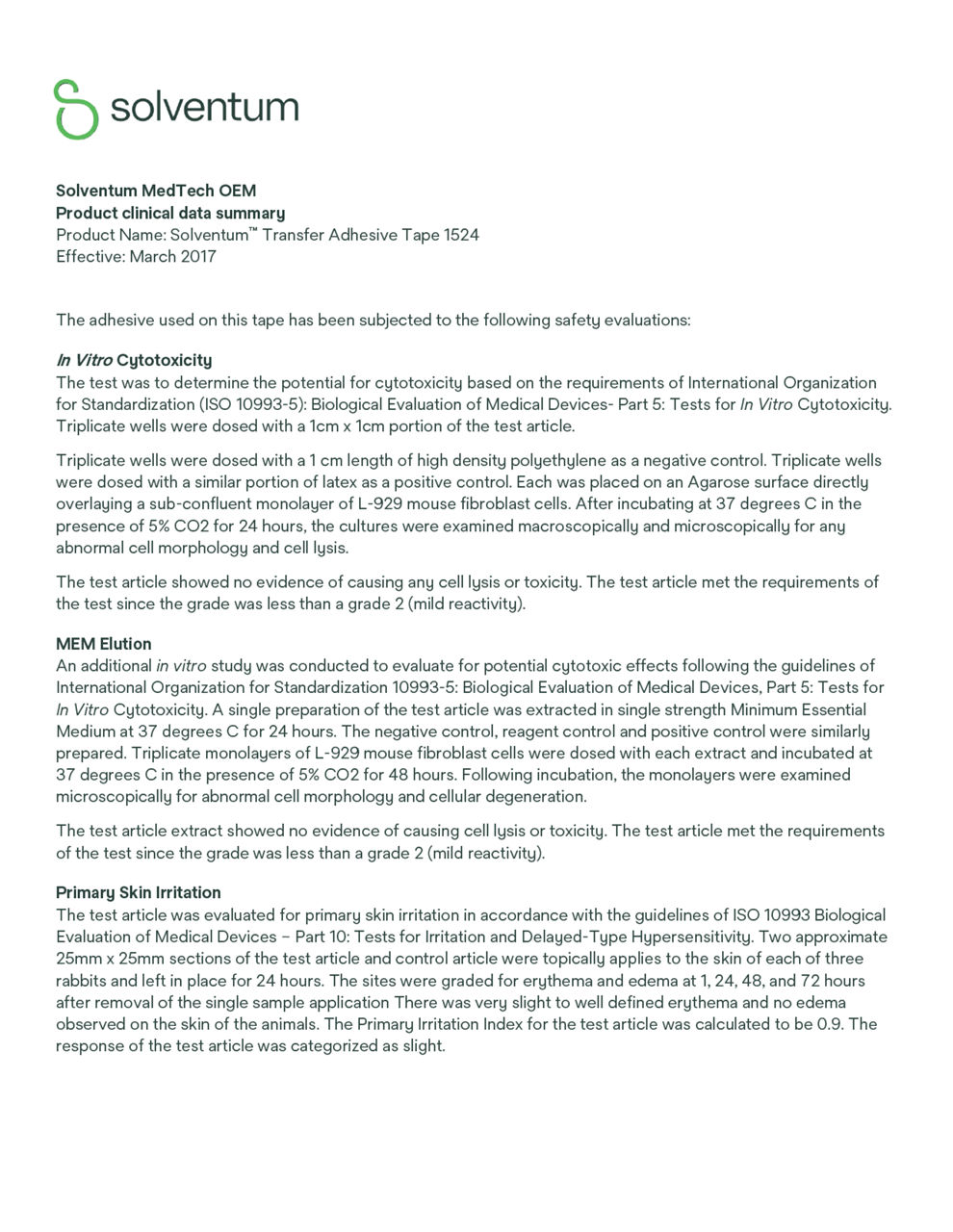 Solventum™ Medical Tape 1524, Clinical Data Summary