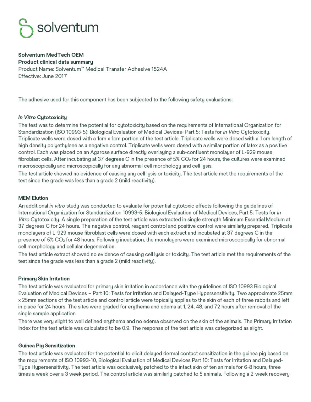 Solventum™ Medical Tape 1524A, Product clinical data summary