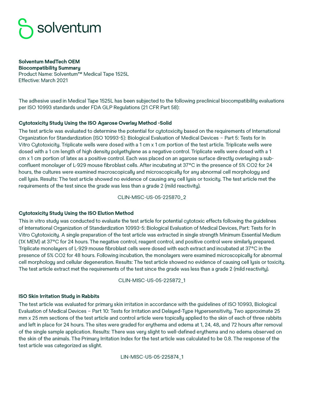 Solventum™ Medical Tape 1525L, Biocompatibility Summary