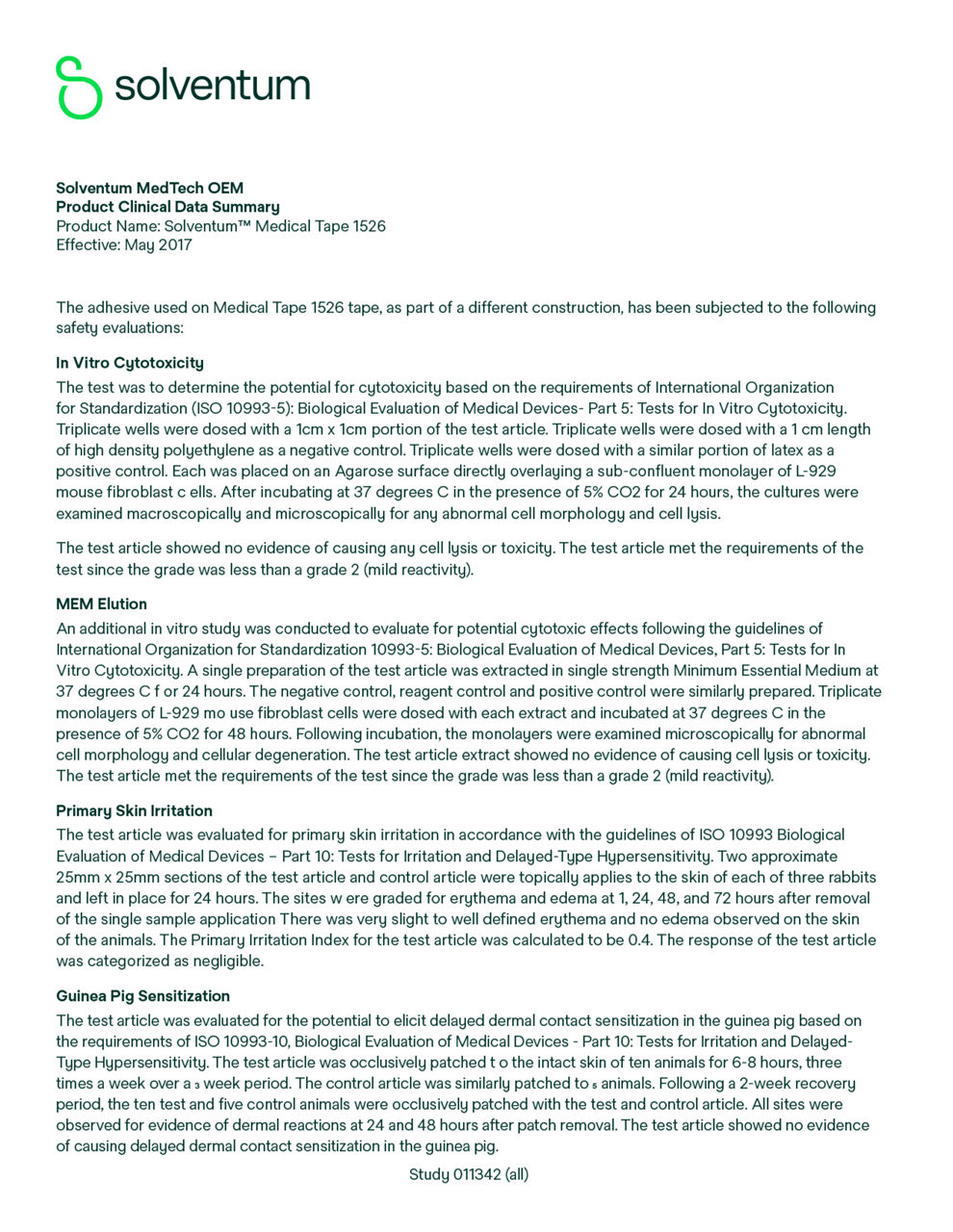 Solventum™ Medical Tape 1526, Biocompatibility Summary