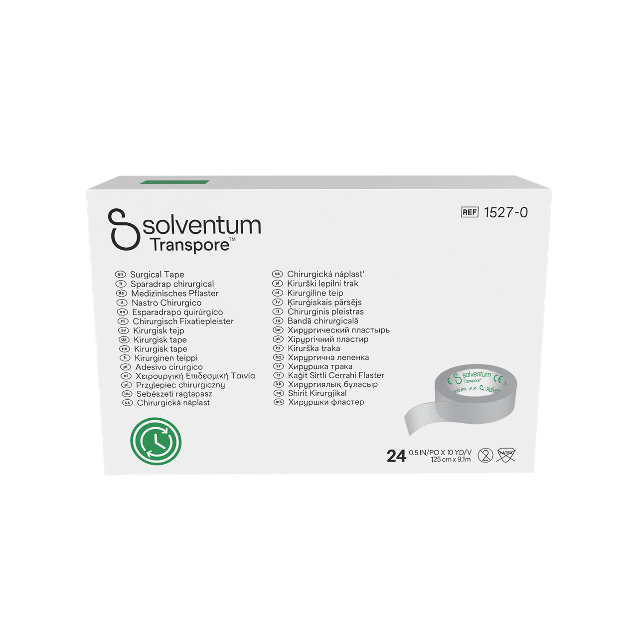 Solventum™ Transpore™ Surgical Tape, 1527-0, 1,25 cm x 9,1 m (0.5 IN/PO x 10 YD/V), 24/CAR - Front, Center, In Packaging (1C1)