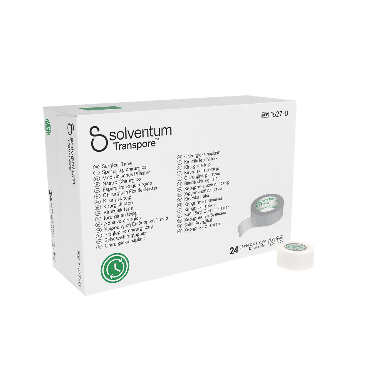 Solventum™ Transpore™ Surgical Tape, 1527-0, 1,25 cm x 9,1 m (0.5 IN/PO x 10 YD/V), 24/CAR - Front, Left, In and Out of Packaging (1L10)