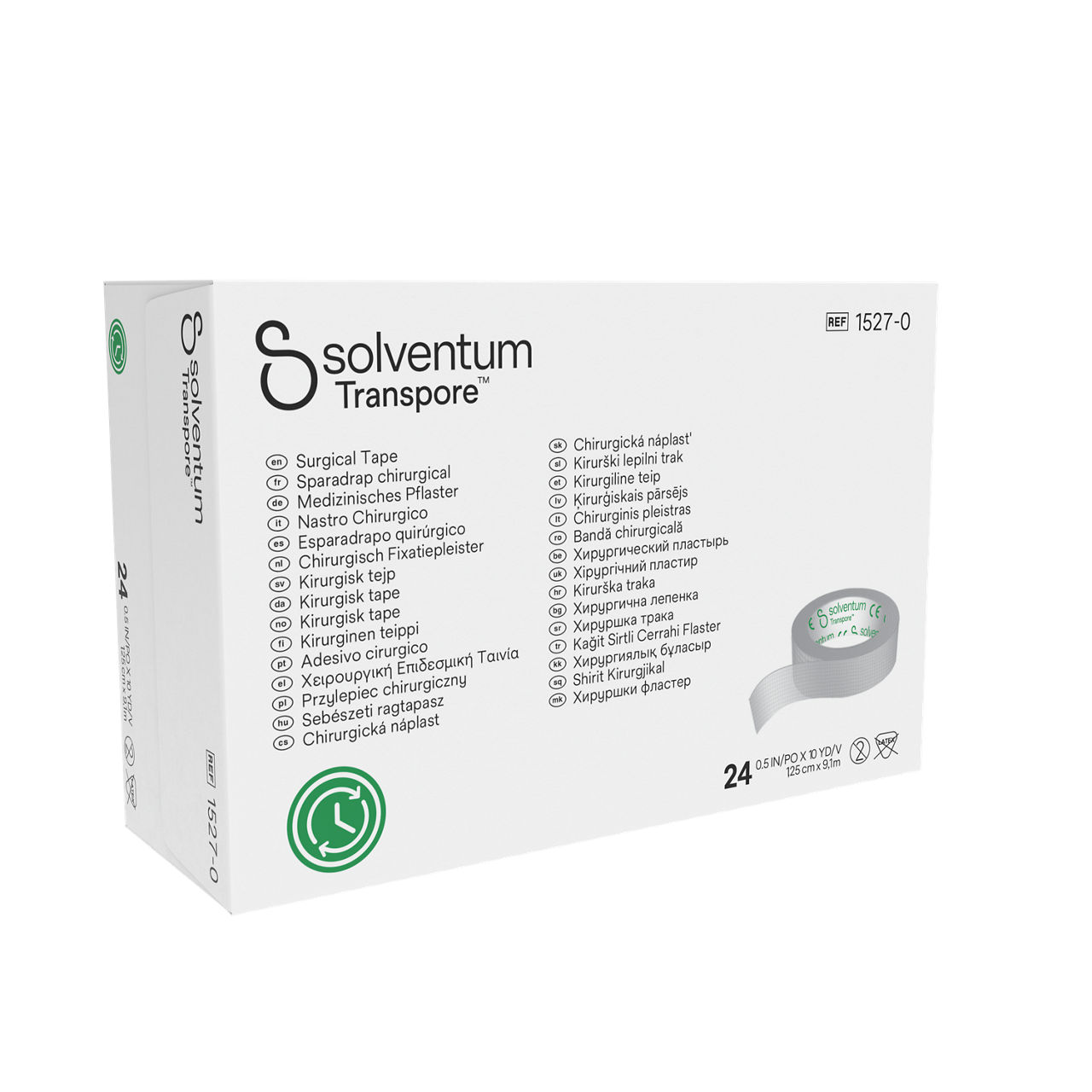 Solventum™ Transpore™ Surgical Tape, 1527-0, 1,25 cm x 9,1 m (0.5 IN/PO x 10 YD/V), 24/CAR - Front, Left, In Packaging (1L1)