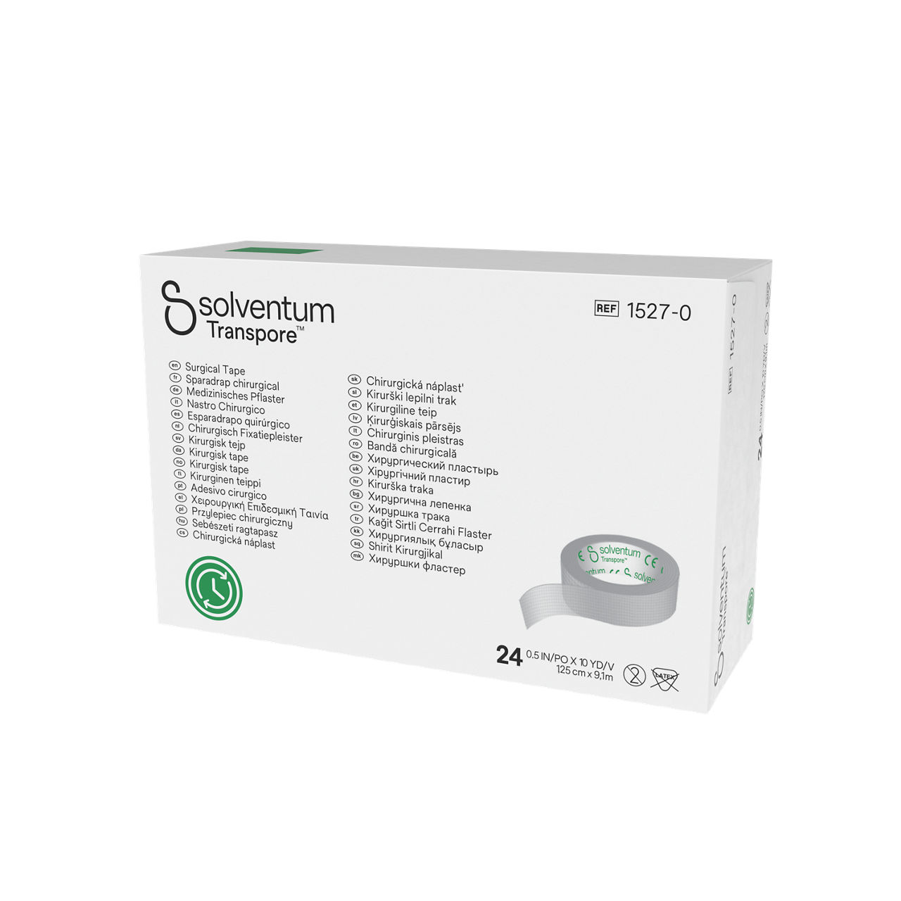 Solventum™ Transpore™ Surgical Tape, 1527-0, 1,25 cm x 9,1 m (0.5 IN/PO x 10 YD/V), 24/CAR - Front, Right, In Packaging (1R1)