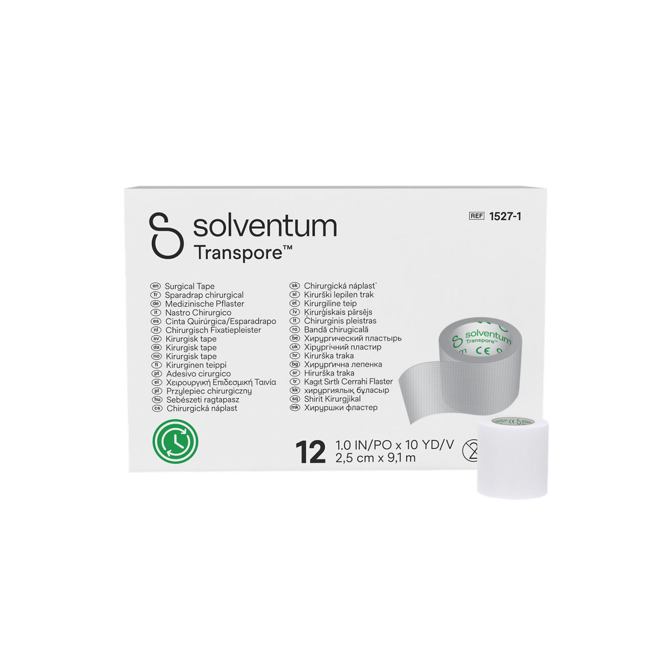 Solventum™ Transpore™ Kağıt sırtlı cerrahi flaster, 1527-1, 2,5 cm x 9,1 m (1 in x 10 yd), 12/CAR
