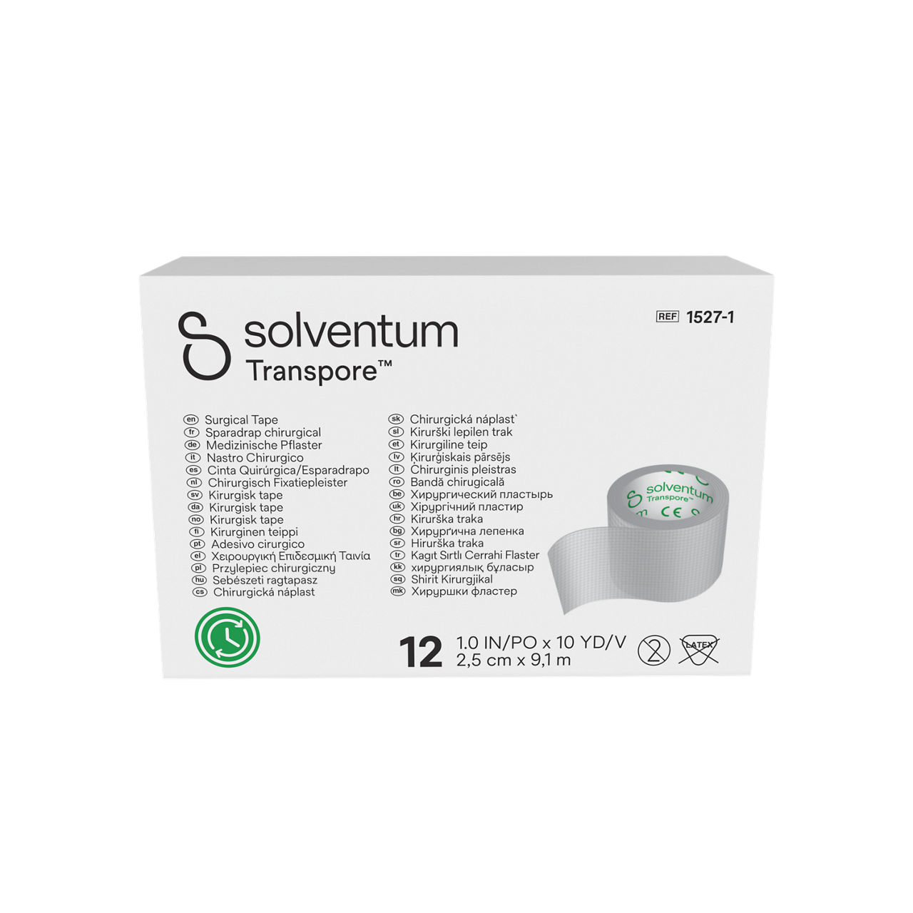Solventum™ Transpore™ Surgical Tape, 1527-1, 2,5 cm x 9,1 m (1 IN/PO x 10 YD/V), 12/CAR - Front, Center, In Packaging (1C1)
