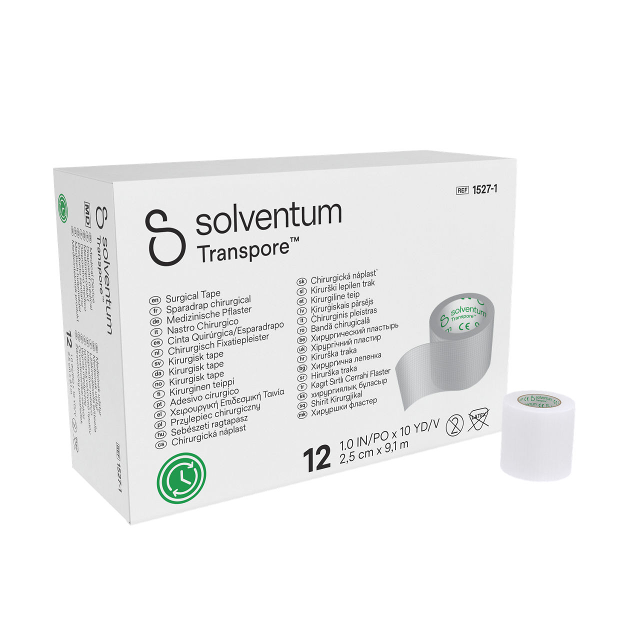 Solventum™ Transpore™ Surgical Tape, 1527-1, 2,5 cm x 9,1 m (1 IN/PO x 10 YD/V), 12/CAR - Front, Left, In and Out of Packaging (1L10)