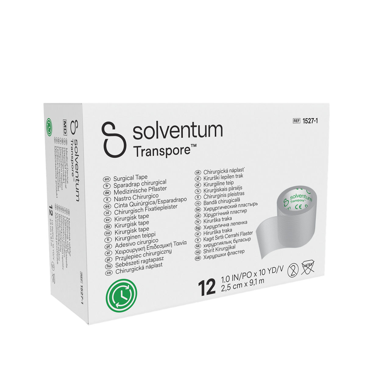 Solventum™ Transpore™ Surgical Tape, 1527-1, 2,5 cm x 9,1 m (1 IN/PO x 10 YD/V), 12/CAR - Front, Left, In Packaging (1L1)