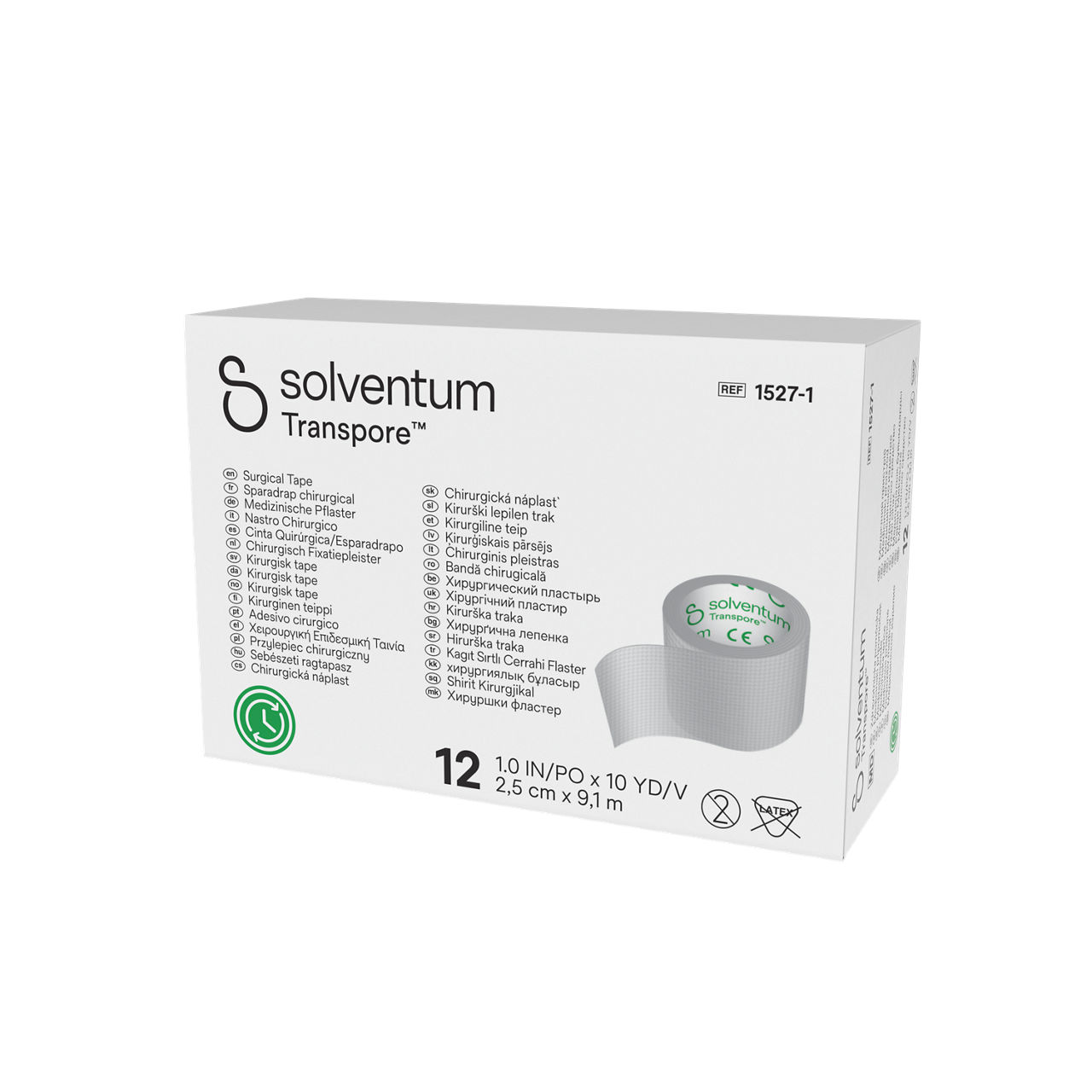 Solventum™ Transpore™ Surgical Tape, 1527-1, 2,5 cm x 9,1 m (1 IN/PO x 10 YD/V), 12/CAR - Front, Right, In Packaging (1R1)