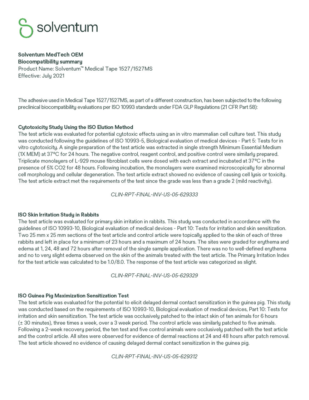 Solventum™ Medical Tape 1527/1527MS, Biocompatibility Summary