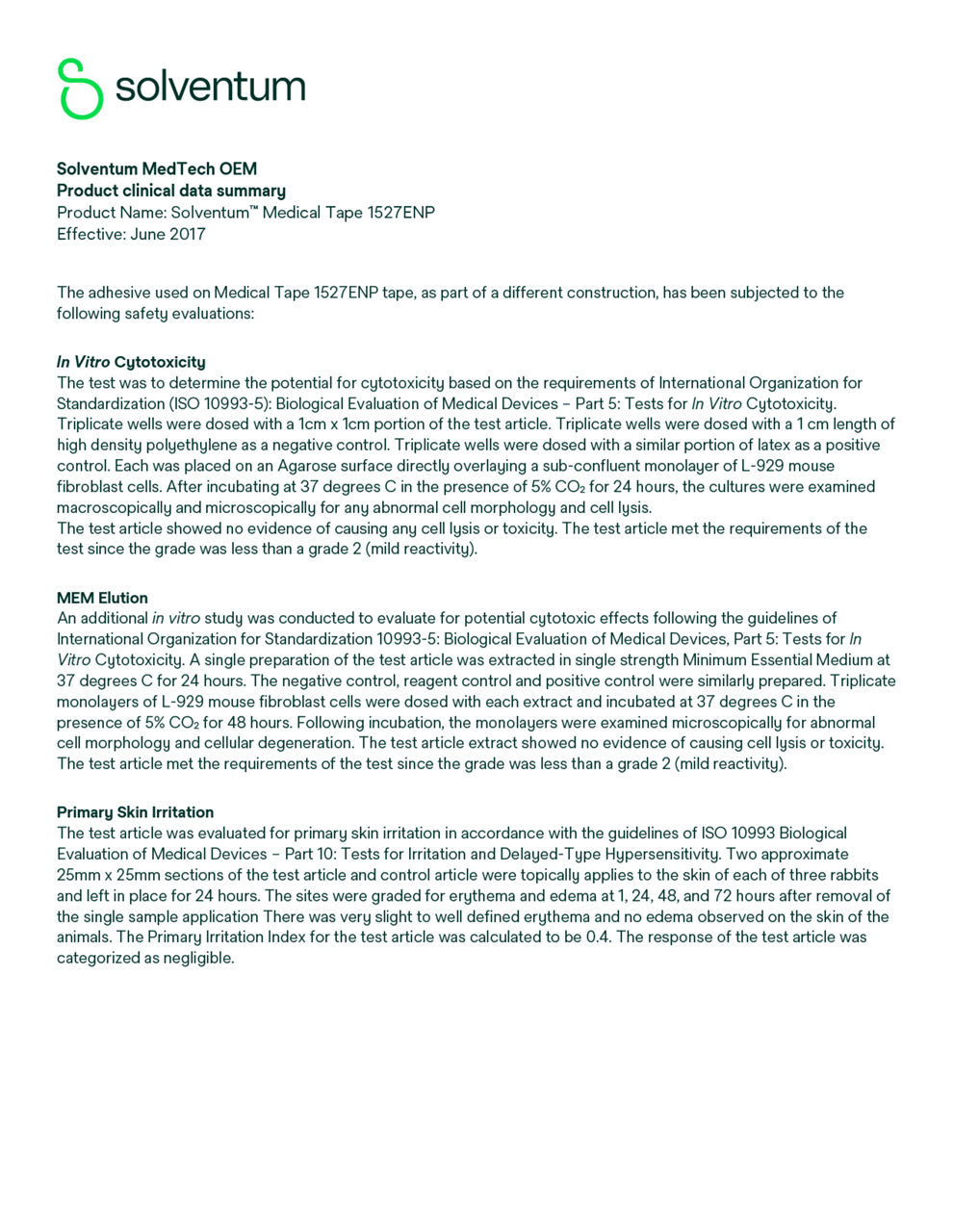 Solventum™ Medical Tape 1527ENP, Product clinical data summary