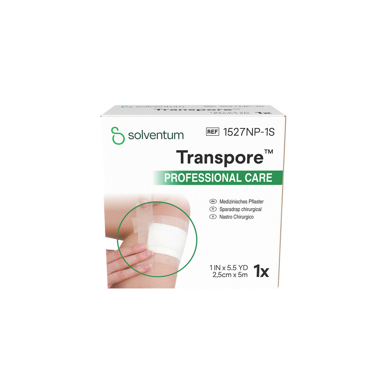 Solventum™ Transpore™ Surgical Tape, 1527NP-1S, 25 mm x 5 m - Front, Center, In Packaging (1C1)