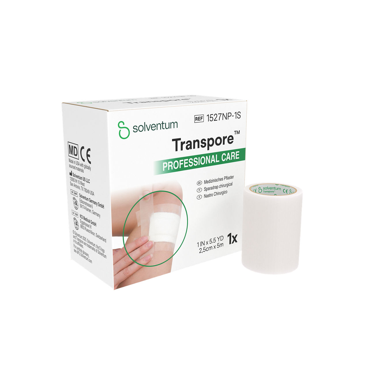 Solventum™ Transpore™ Surgical Tape, 1527NP-1S, 25 mm x 5 m - Front, Left, In and Out of Packaging (1L10)