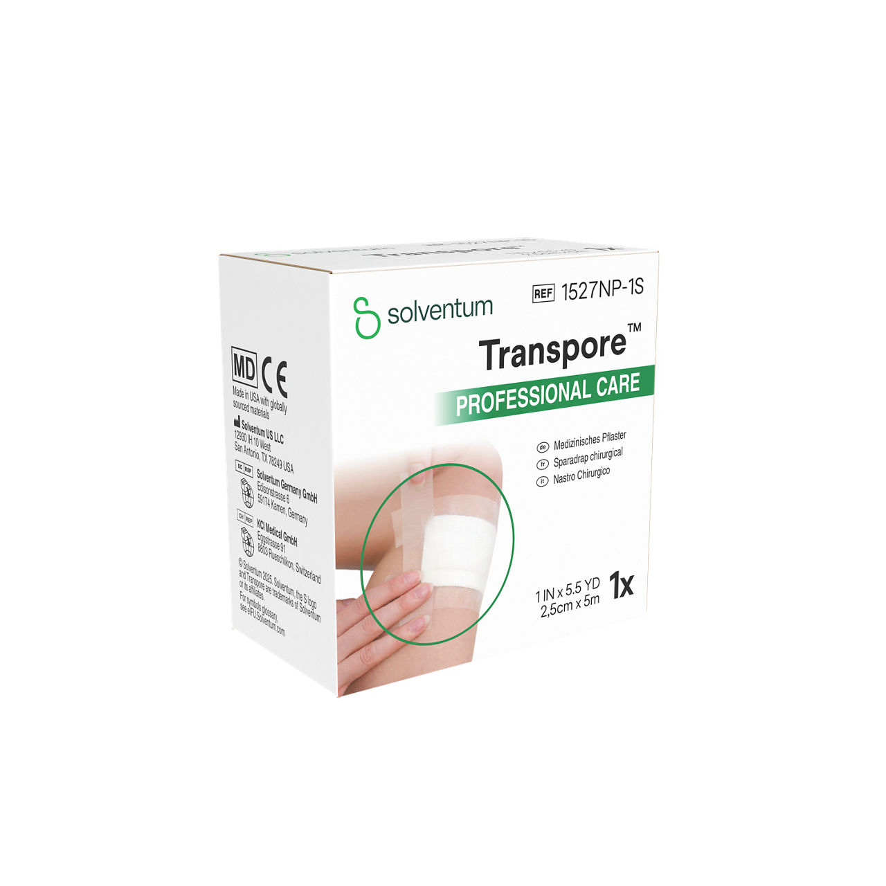 Solventum™ Transpore™ Surgical Tape, 1527NP-1S, 25 mm x 5 m - Front, Left, In Packaging (1L1)