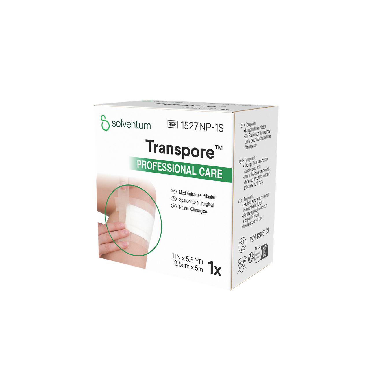 Solventum™ Transpore™ Surgical Tape, 1527NP-1S, 25 mm x 5 m - Front, Right, In Packaging (1R1)