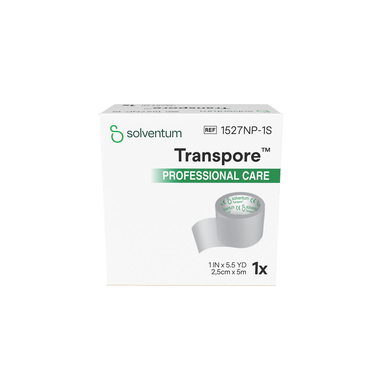 Solventum™ Transpore™ Surgical Tape, 1527NP-1S, 25 mm x 5 m - Back, Center, In Packaging (7C1)