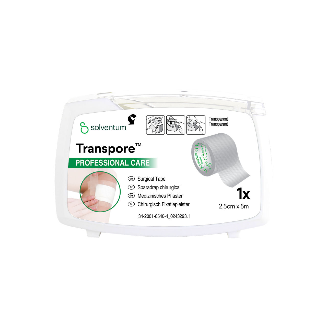 Solventum™ Transpore™ Professional Care Chirurgisch fixatiepleister, 1527P-1SD, 2,5 cm x 5 m (1 in x 5.5 yd), 6/CAR