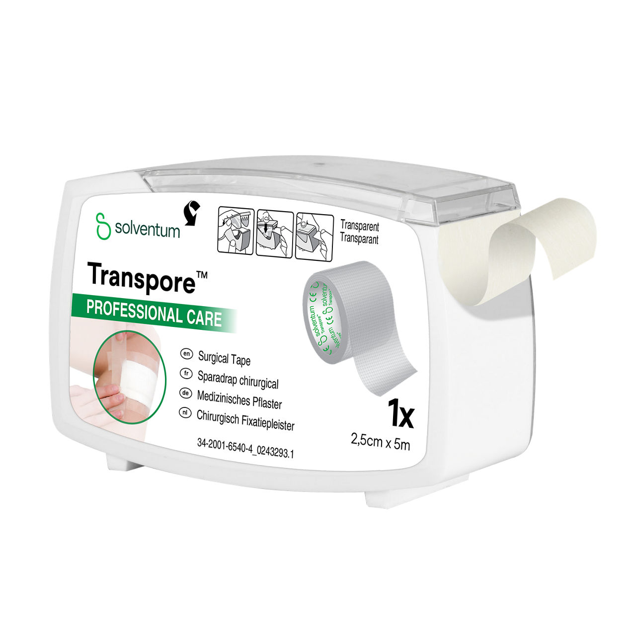 Solventum™ Transpore™ Surgical Tape, 1527P-1SD, Dispenser, 1 in x 5.5 yd (2.5 cm x 5 m), 6/PAC, 8 PAC/CS, 48/CS - Front, Left, Out of Packaging (1L0)