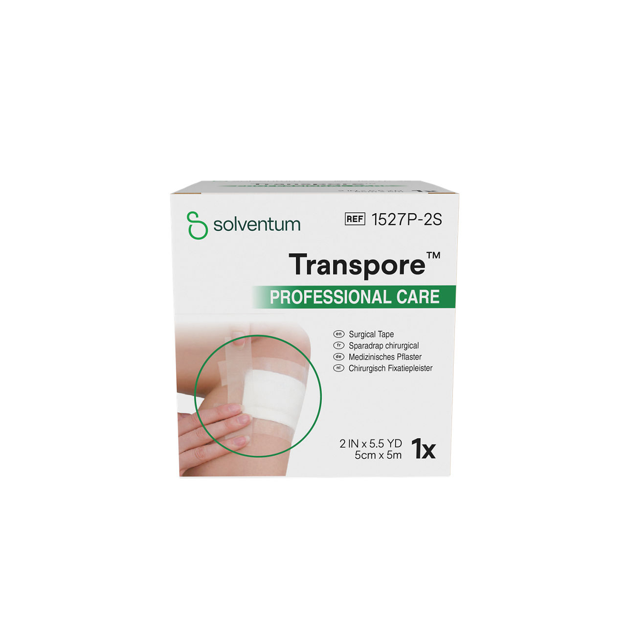 Solventum™ Transpore™ Surgical Tape, 1527P-2S, 5 cm x 9,1 m (2 IN/PO x 10 YD/V), 6/CAR  - Front, Center, In Packaging (1C1)
