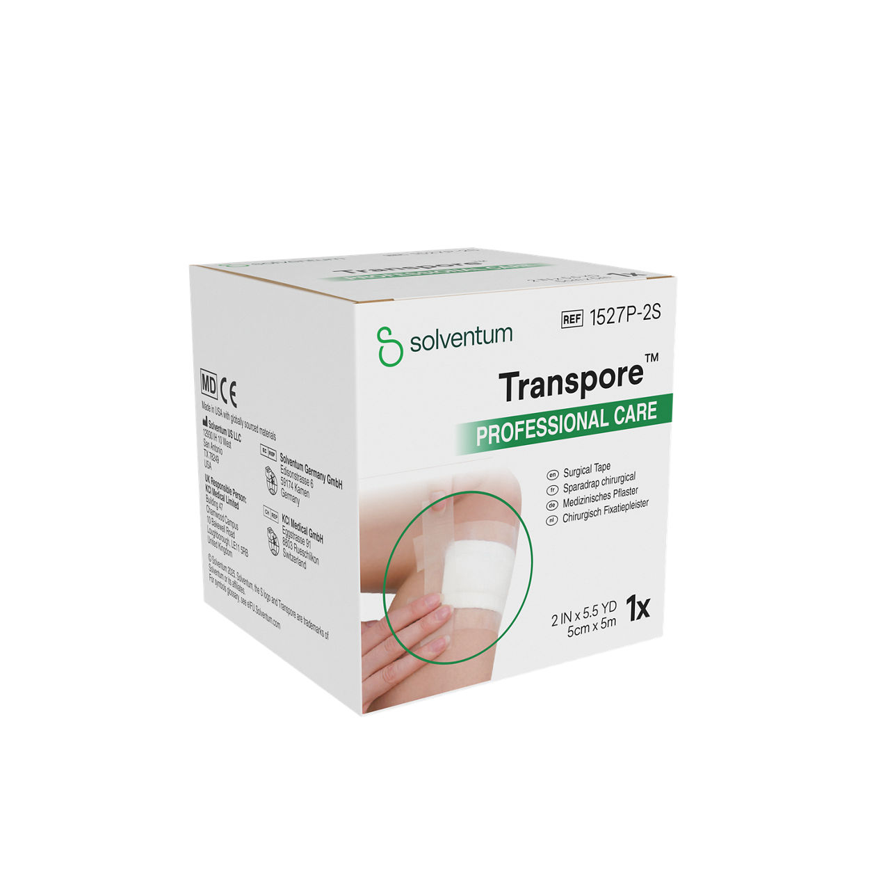 Solventum™ Transpore™ Surgical Tape, 1527P-2S, 5 cm x 9,1 m (2 IN/PO x 10 YD/V), 6/CAR  - Front, Left, In Packaging (1L1)