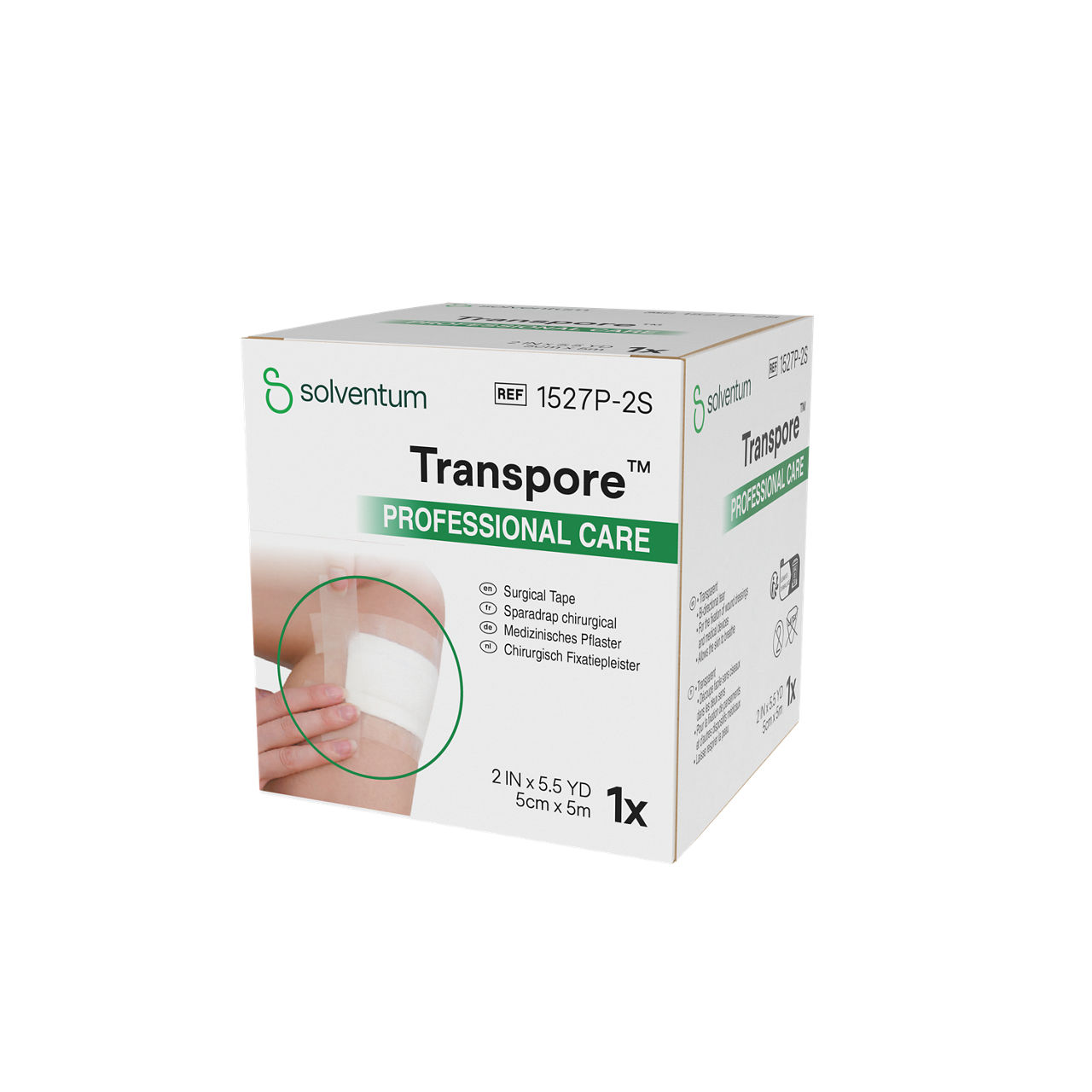Solventum™ Transpore™ Surgical Tape, 1527P-2S, 5 cm x 9,1 m (2 IN/PO x 10 YD/V), 6/CAR  - Front, Right, In Packaging (1R1)